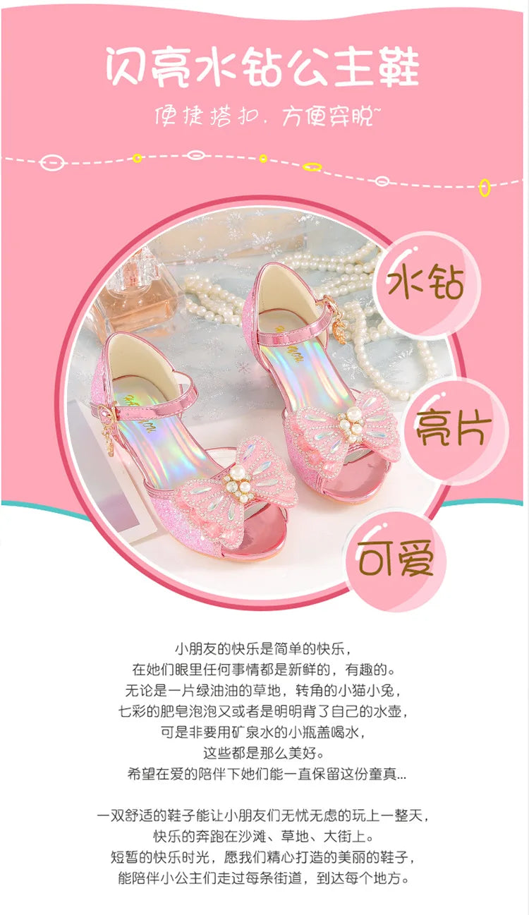 Children's Princess Shoes Summer New Girls' Performance High Heels Fashion Pearl Bow Baby Crystal Sandals