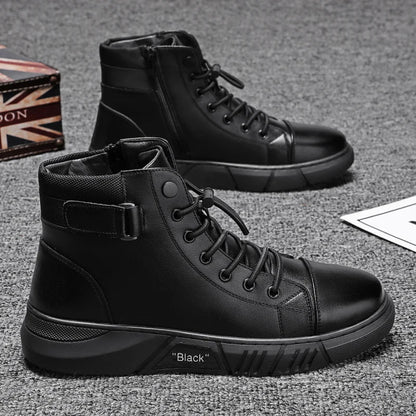 Black Leather Men Ankle Boots Winter Outdoor Casual Shoes No-slip High Top Male Work Shoes High Quanlity Light Man Chelsea Boots
