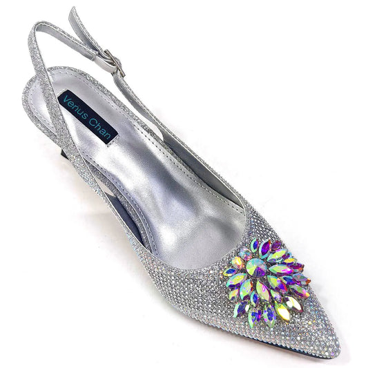 Italian Shoes and Bags Matching Set 2024 Silver Color Rhinestone Fashion High Heels for Women Pointed Toe Pumps
