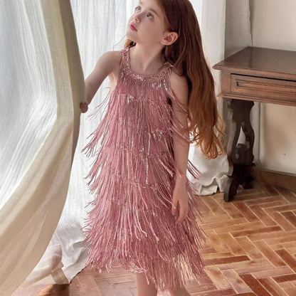Vestido Infantil Meninas 2025 Verão Novo Moda Infantil Vestido de Borla Brilhante de Luxo Vestido de Aniversário para Meninas