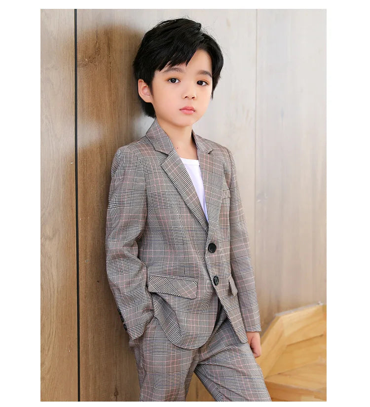 Spring Autumn Kids Boys Suits Elegant Children Boys Plaid Blazer Pant Suits Outfits Set Young Teenager Boys Formal Wedding Suits