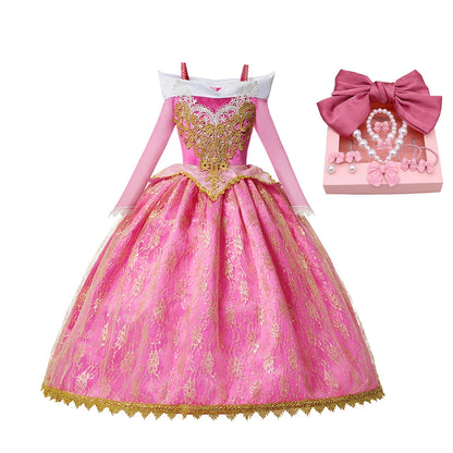Luxury Girls Princess Costume Ball Gown Dress Fancy Birthday Carnival Party Off Shoulder Golden Applique Children Outfits Dress