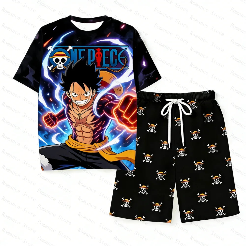2026 One Piece Luffy Pajama Set Anime Skull Character Sleepwear T-Shirt Shorts for Men's Shirts Woman t-shirts Summer Kids Set