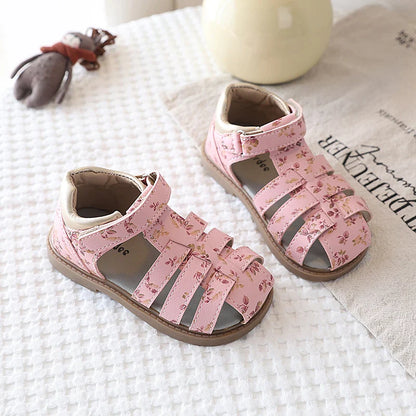 Summer Toddler Girls Floral Closed Toe Sandals Anti-collision Kids Sandal Lovely Hook-loop Sweet Children Beach Shoes 21-30