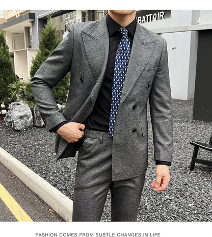 Men Vintage Luxury Double Breasted Slim Fit Lapel Evening Gown ltalian Style Fashion High-end Groom Wedding Party Tuxedo 2 Piece