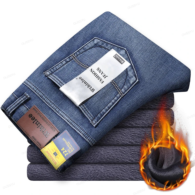 High Quality Winter Thermal Warm Flannel Jeans Men Famous Brand Fleece Denim Pants Straight Flocking Trousers Male Plus Size 40