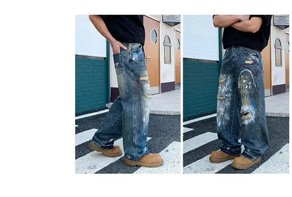 New street graffiti ripped painted jeans for men, straight-leg, loose, wide-leg, trendy brand, stylish high-end