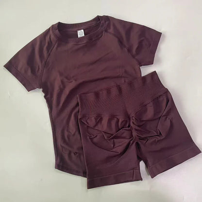 2 Piece Sets Women Outfit Longline Short Sleeve Gym Crop Top High Waist Workout Shorts Sports Suit Fitness Clothes Yoga Set