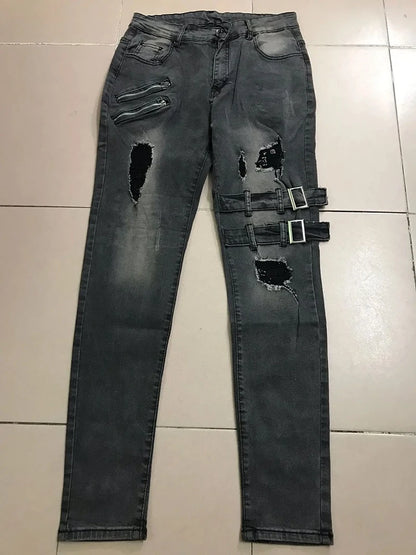 Men's Retro Moto Biker Straight Elastic Jeans Zipper Distress Hole Punk Skinny Denim Cargo Pants Streetwear Y2K Hombre Trousers