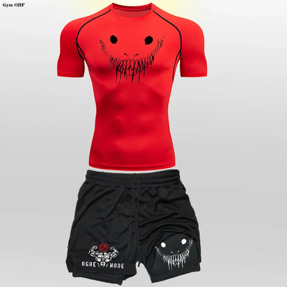 Funny Face 2 in 1 Shorts T Shirt Suits Men's Fitness Breathable Second Skin Compression Shirts Sets Gym Double Deck Shorts