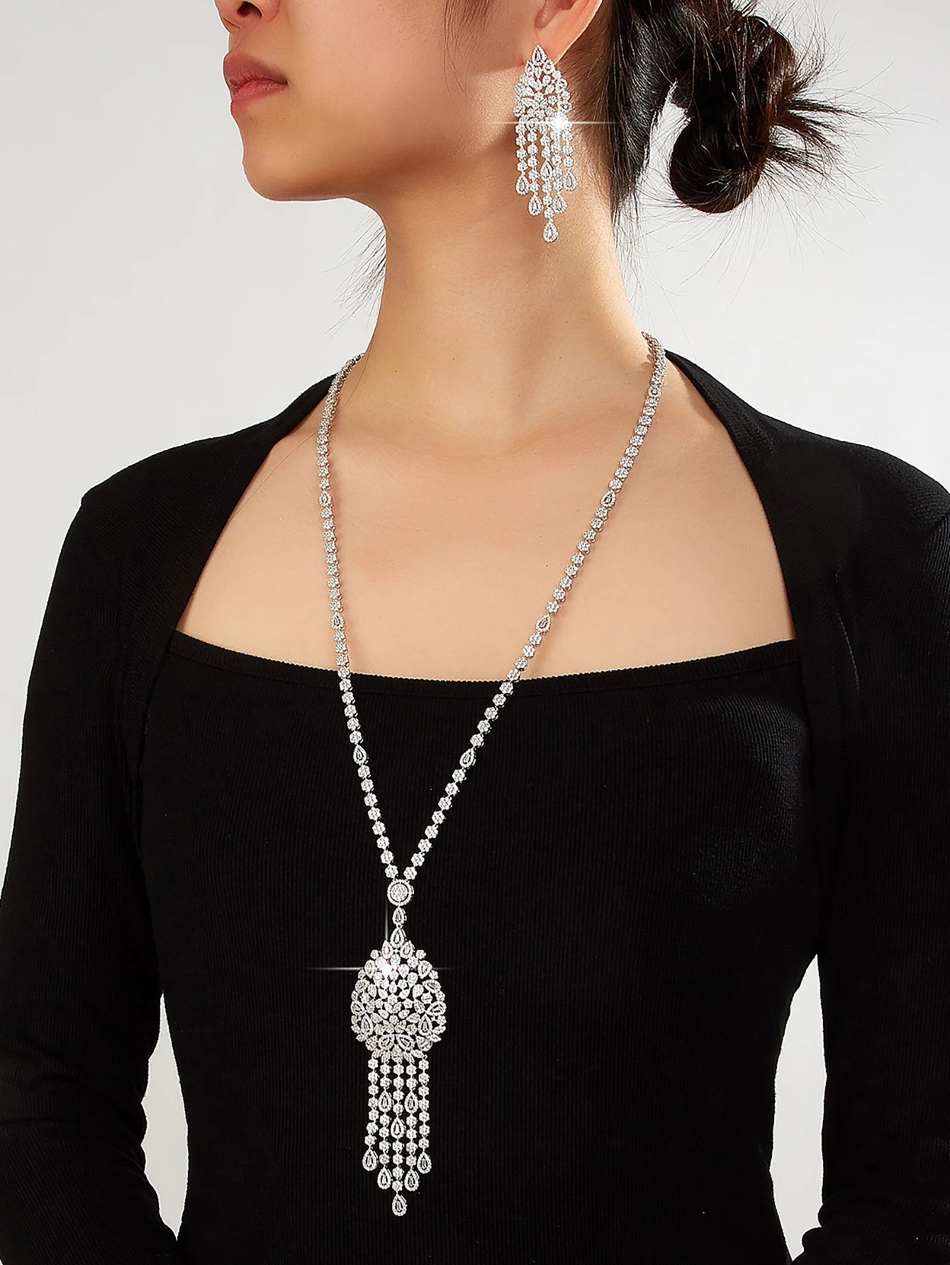 Long Sweater Chain Tassel Necklace Earring Set for Women Luxury Cubic Zirconia Bridal Jewelry Set Wedding Accessorie