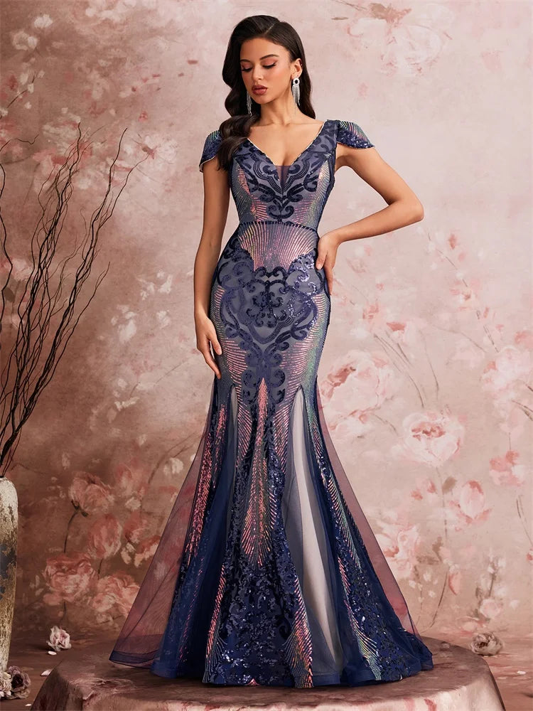 Luxury Cap Sleeve V-neck Sequin Formal Evening Dress Women Elegant Mermaid Party Cocktail Gown Special Event