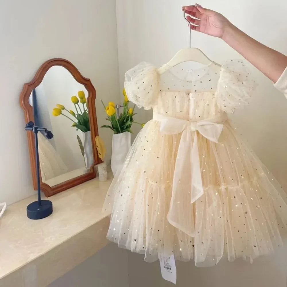 Bear Leader Summer Sweet Girls Casual Dresses Sequined Mesh Princess Dress Short Sleeve Korean Version Elegant Kids Clothes