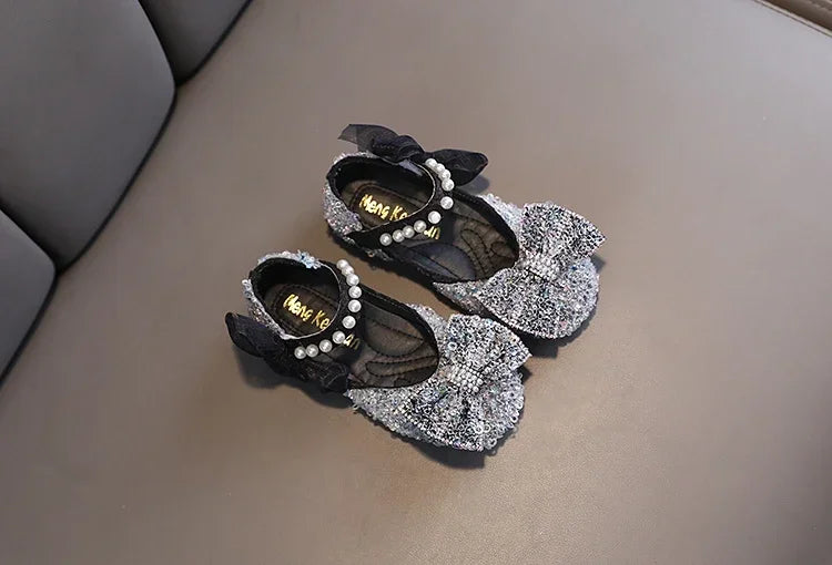 Toddler Girl's Princess Shoes Sequins Lace Bowknot 21-36 Children Mary Janes Three Colors Luxury Trendy Party Kids Shoes Flats