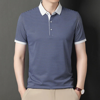 2024 Men's New Striped Cotton Business Casual Short Sleeved POLO Shirt Fashion Short Sleeved Comfortable and Breathable Top