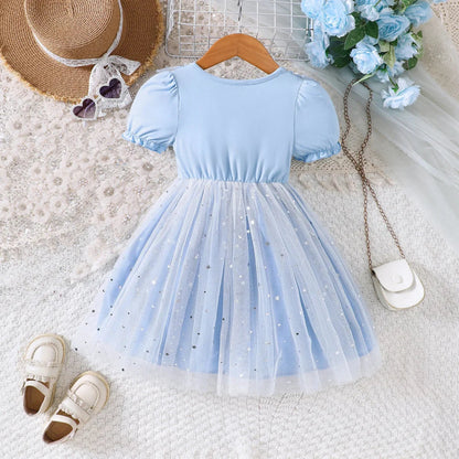 New Spring & Summer Toddler Girls' Blue Mesh Dress - Heart Bow & Star Sequins, Soft-Style Daily Princess Dress