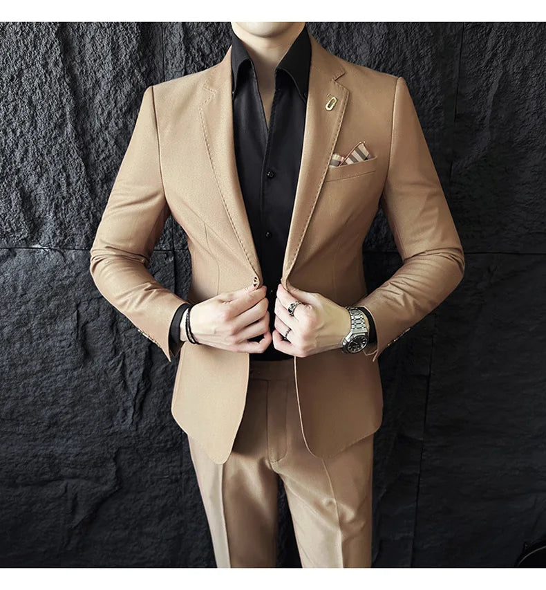 Men's Korean Style Slim Fit Suit Set, High Quality Fabric Solid Color Edge Pressing for Wedding Business