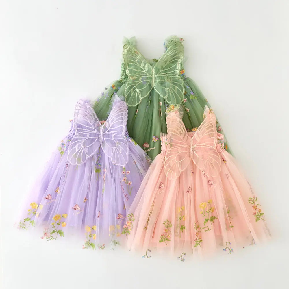 Girls Princess Dress with 3D Wings - Sparkle Tulle Sleeveless Gown, Fairy Puffy Party Dress for Birthday & Holiday