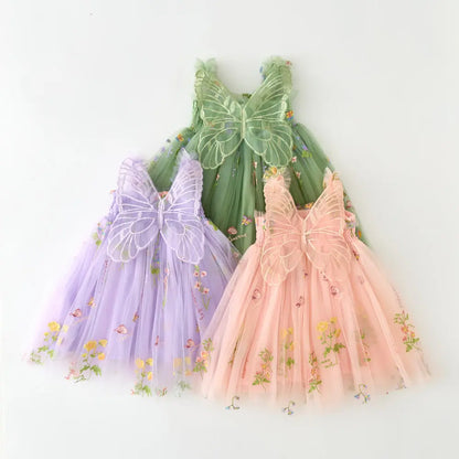 Girls Princess Dress with 3D Wings - Sparkle Tulle Sleeveless Gown, Fairy Puffy Party Dress for Birthday & Holiday