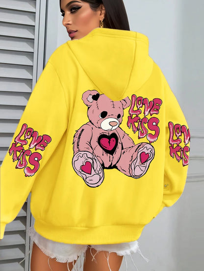 Pink Love Kiss Art Letter Prints Hoodies Women Pocket Autumn Hoody Fleece Multicolor Streetwear Unisex Hip Hop Y2K Clothing