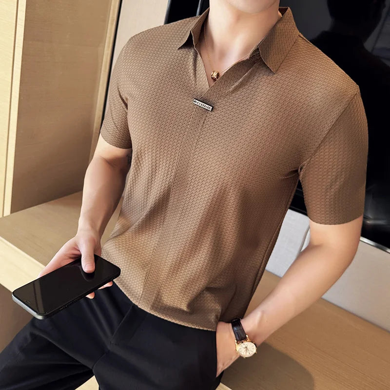 High-Grade Ice Silk Seamless Adhesive Polo Shirt, High-Elastic V-neck Thin Waffle Short-Sleeved Golf Shirt, T-shirt