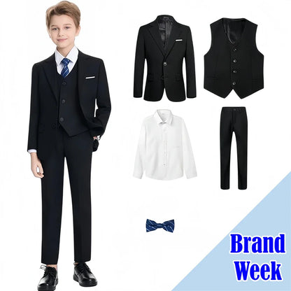 Notched Boy's Suit Set for Kids 3-14 Yrs, One Button Black Suit Jacket Vest Pants and T Shirt, Communion Tuxedo 4-Piece Suits