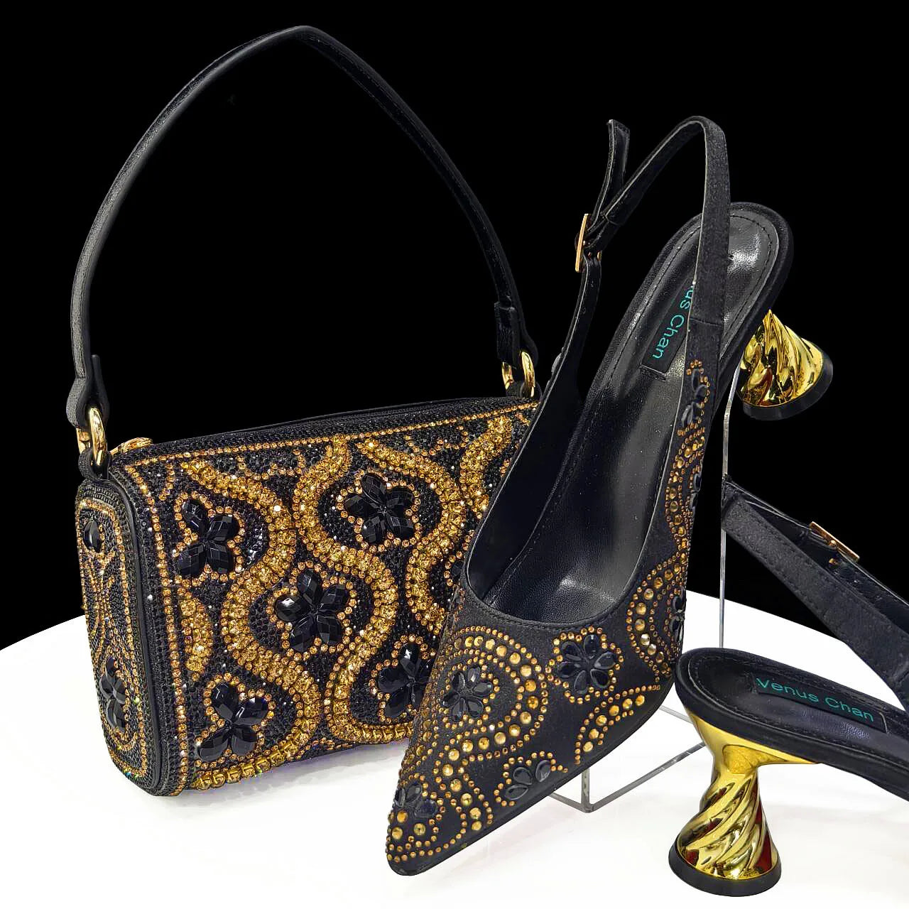 2024 Summer New Design Specials Italian Women Shoes and Bag Set in Royal Green Color Comfortable Heels With Rhinestone for Party