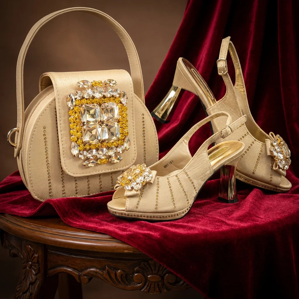 Brown Rhinestone Peep-Toe High Heel Sandals and Bag Set for Women –Elegant Italian Party Shoes Perfect for Wedding