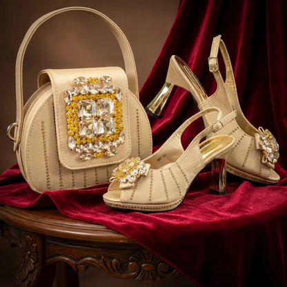 Brown Rhinestone Peep-Toe High Heel Sandals and Bag Set for Women –Elegant Italian Party Shoes Perfect for Wedding