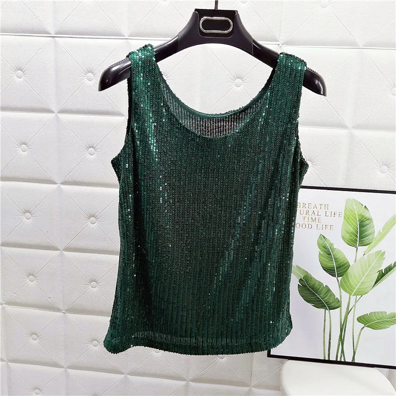 Sparkling Sequins Round Neck Vest Women's Outer Wear 2022 Summer New Bright Silk Fashion Glitter Bottoming Shirt Suspender Top