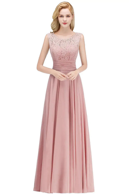 2024 New Style Pink Lace Prom Dress Long Maxi Sleeveless Chiffon Skirt with Lace Bodice Illusion Neck V-Back Formal Party Dress