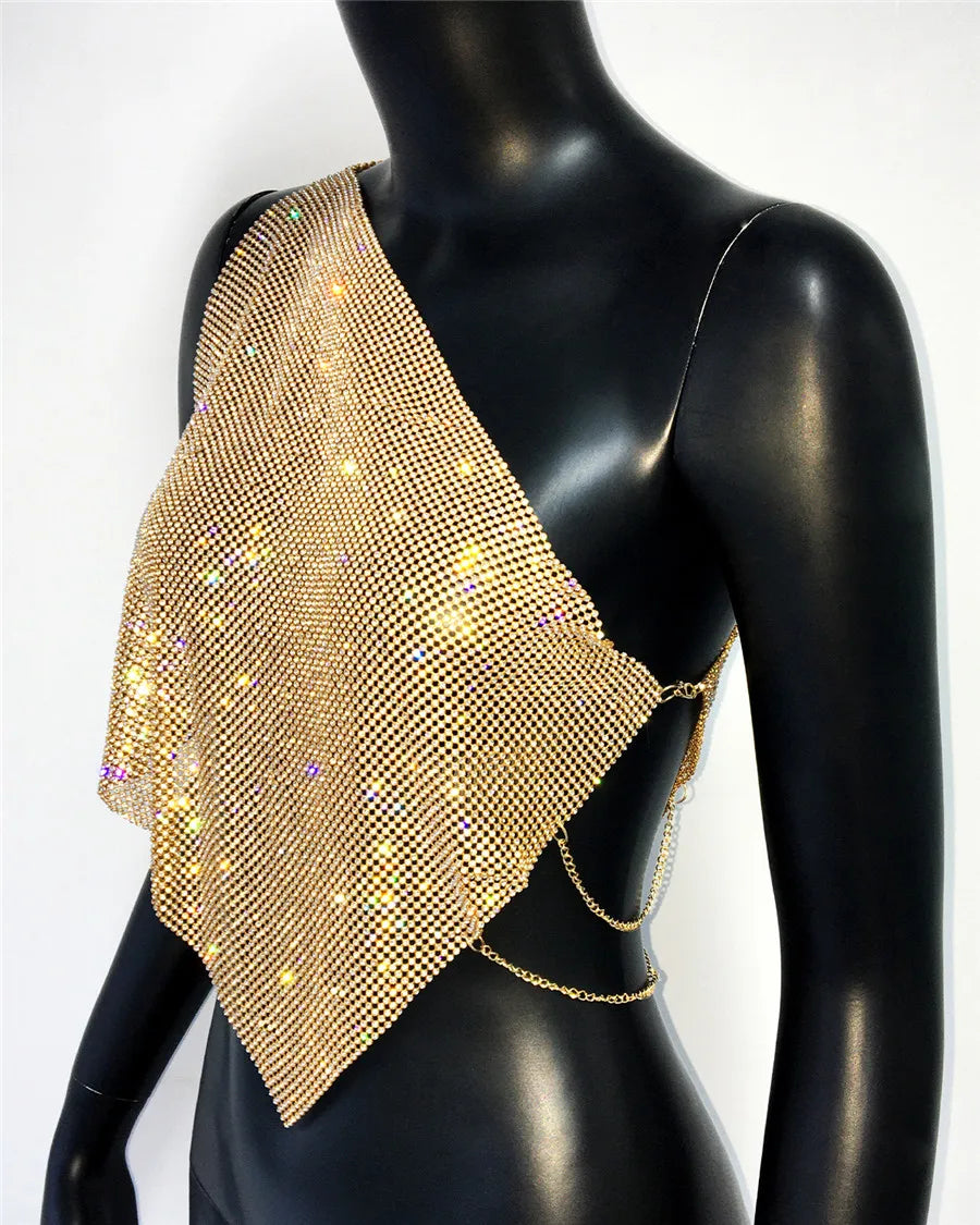 Shiny Rhinestone Metal Camisole For Women Sexy Backless Single shoulder Side Split Tank Tops Cocktail Party Club Crop Top Y2K