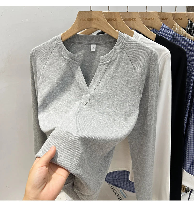2026 Women's Basic Style Slim Fit V-Neck Long Sleeve T-Shirt Korean Style Versatile Simple Base Layer Top Casual Tee for Women