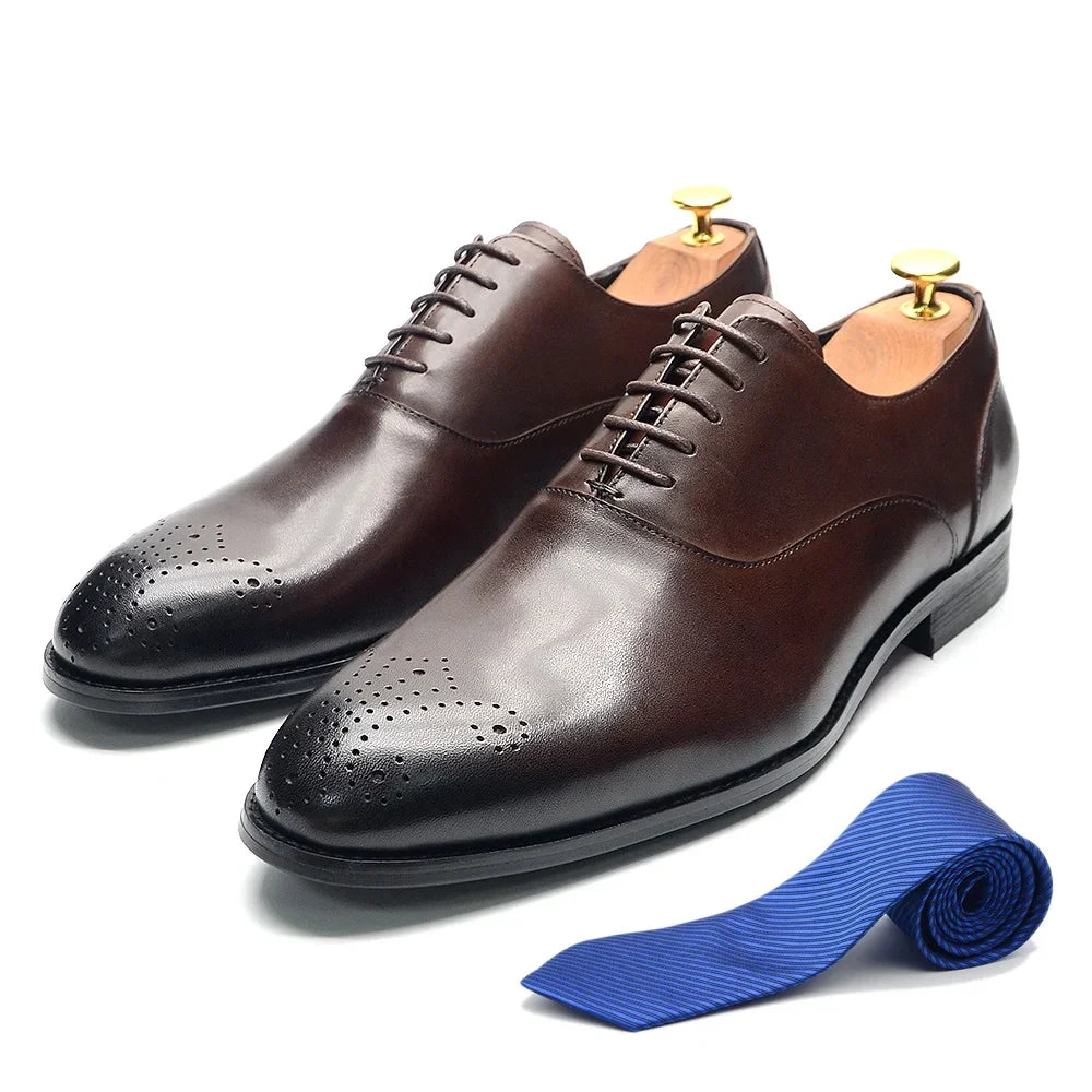 Italian Classy Men's Oxford Dress Shoes Genuine Cow Leather Lace-up Brogue Brown Black Business Office Wedding Formal Shoes Man