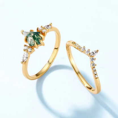 New 6*9mm Moss Agate Ring Set for Women 10k Plated Green Moss Stone Band Wedding Party 100% Real 925 Silver Fine Jewelry
