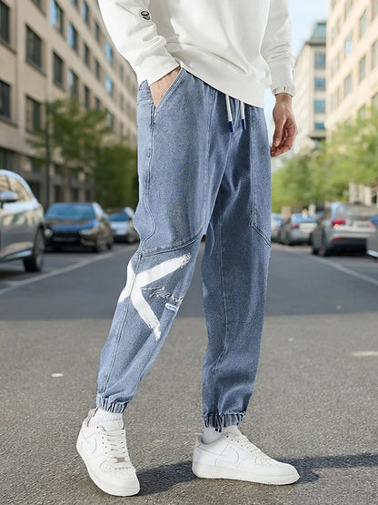 2026 New Summer Men's Jeans Denim Jogger Pants Streetwear Style Ankle-Length Baggy Jeans with Drawsting Waist Asian Size XL-6XL