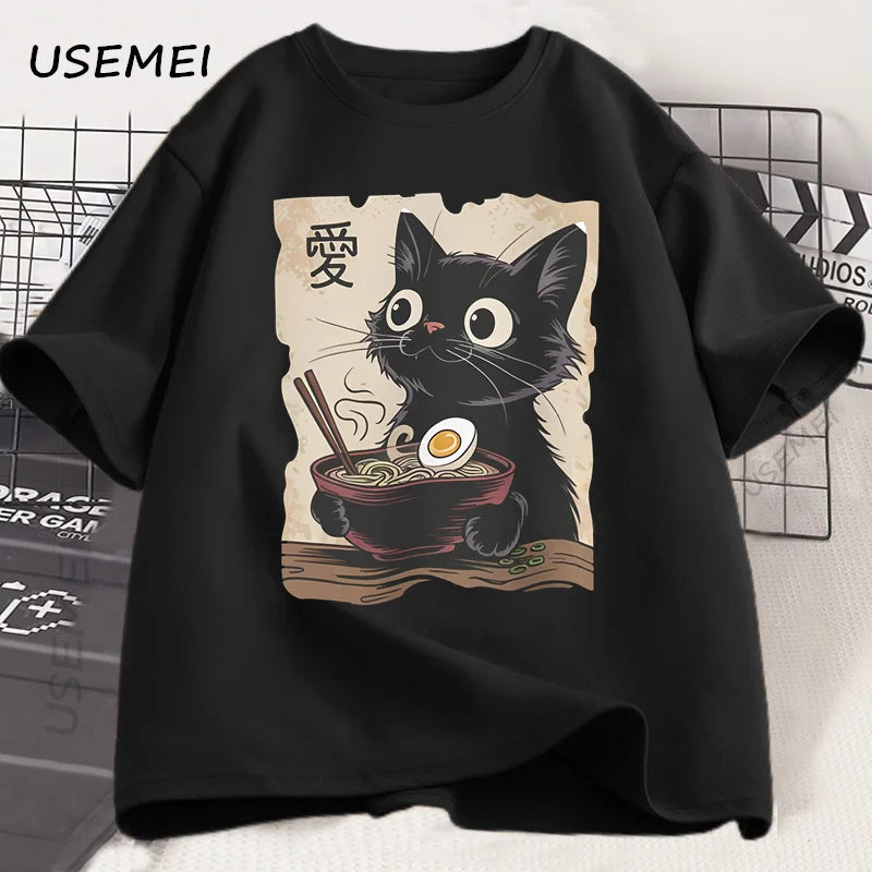 Funny Cat Ramen T-shirt Graphic Tee Japanese Kawaii Anime Cat Graphic T Shirts Men Women Casual Short Sleeve Cotton Tee Shirt
