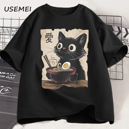Funny Cat Ramen T-shirt Graphic Tee Japanese Kawaii Anime Cat Graphic T Shirts Men Women Casual Short Sleeve Cotton Tee Shirt