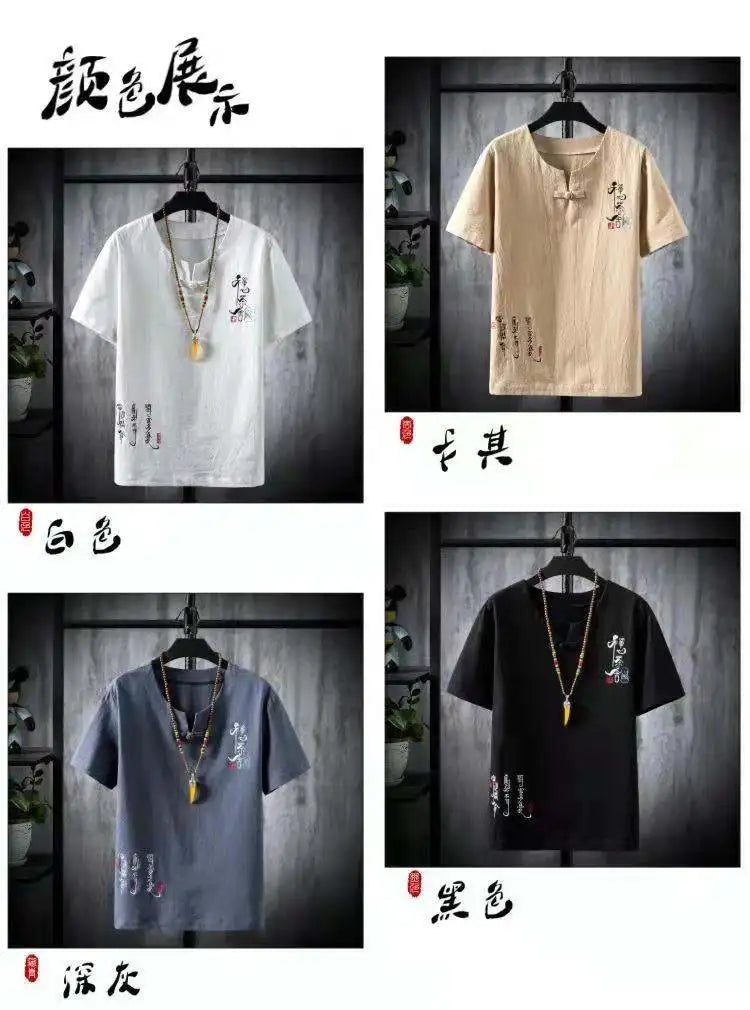 (Shirt + trousers)2025 summer Chinese Style men shirt Cotton and linen shirts men's High quality casual shirts Two Piece M-5XL