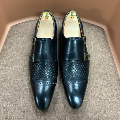 Classic Mens Dress Shoes Genuine Leather Double Buckle Monk Strap Cap Toe Blue Black Wedding Business Formal Suit Shoes for Men