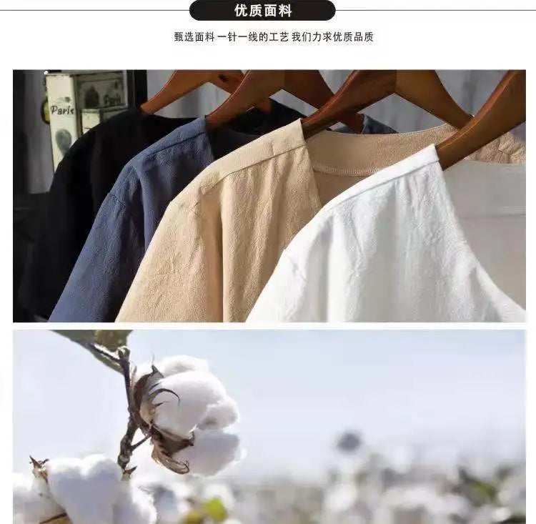 (Shirt + trousers)2025 summer Chinese Style men shirt Cotton and linen shirts men's High quality casual shirts Two Piece M-5XL