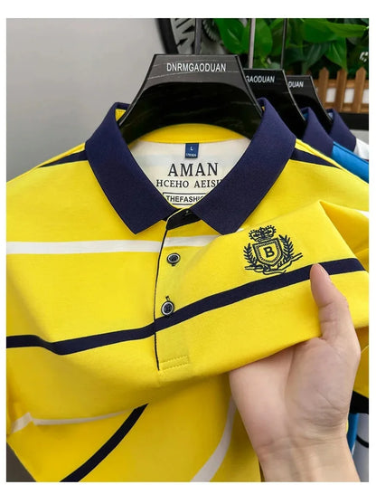 Light luxury brand short sleeve men's POLO shirt summer fashion personality striped badge top breathable ice silk casual T-shirt