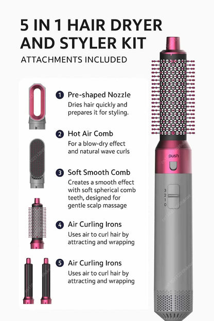 5 In 1 Professional Hair Dryer Hot Air Comb Brush With Curling Iron And Hair Straightener For Salon Quality Hair Styling