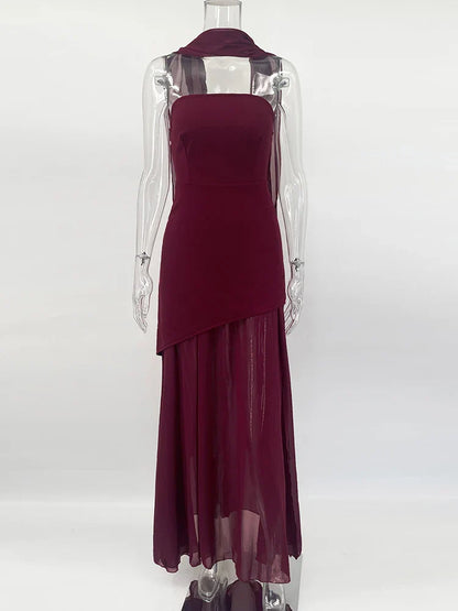 Fashion Strapless Dress With Ribbon Female Elegant Sleeveless Mesh Beach Vacation Long Dress 2025 Spring New Women Dress