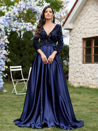 Luxury Long Sleeve V-Neck Satin Formal Evening Dresses 2025 Elegant Wedding Party Sequins Women Prom Cocktail Gowns
