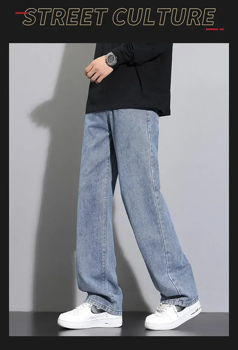 2026 New Korean Men's Casual Long Jeans Classic Man Straight Denim Wide-leg Pants Solid Color Light Blue Black 3XL Cargo Jean