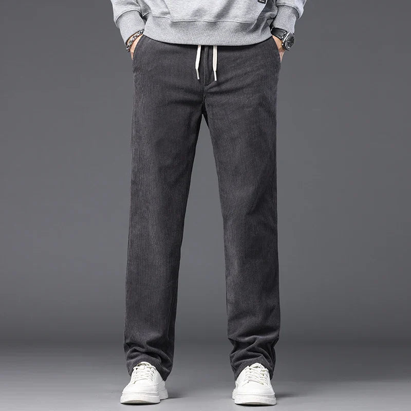 Straight Corduroy Classic Male Pants Khaki Black Gray Baggy Fashion Elastic Waist Trousers Soft Stretchy Casual Men's Clothing