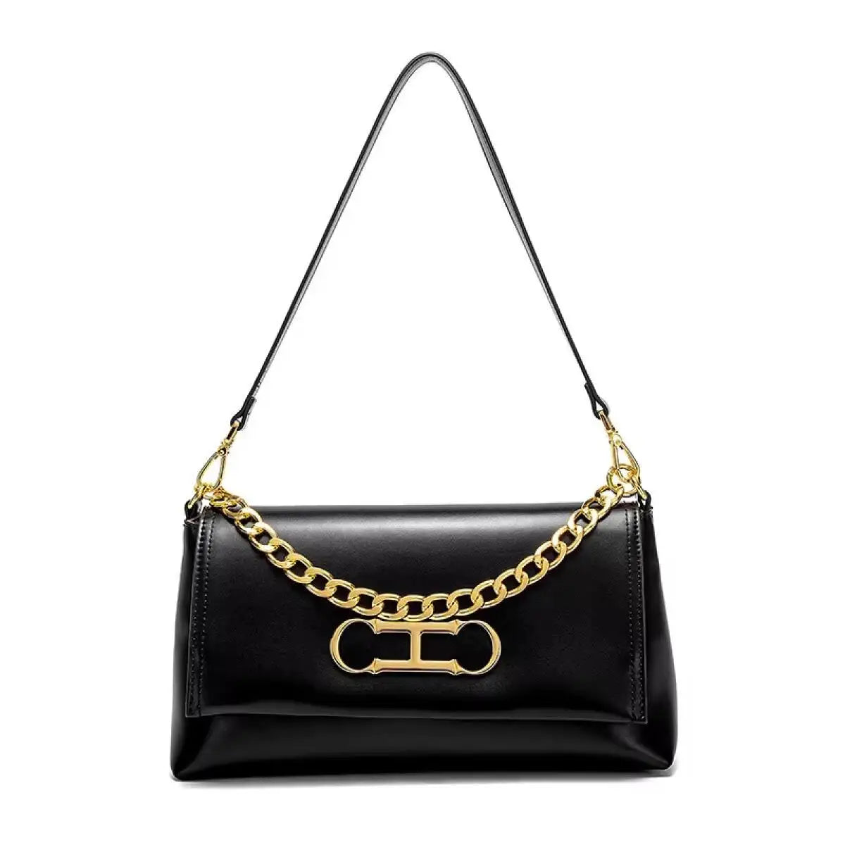 Elegant Black Leather Women Shoulder Bag Metal Logo Flap Handbag Chain Strap Office Commute Daily Casual