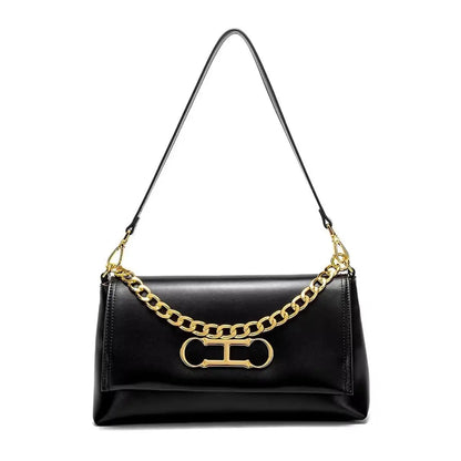 Elegant Black Leather Women Shoulder Bag Metal Logo Flap Handbag Chain Strap Office Commute Daily Casual