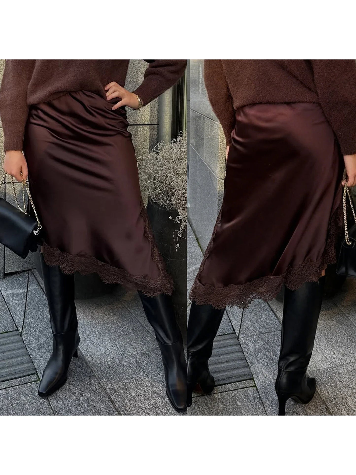 Women Satin Lace Trim Midi Skirt Polka Dot Print High Waist A-Line Skirts Vintage Silk Going Out Dress Y2k Streetwear Clubwear
